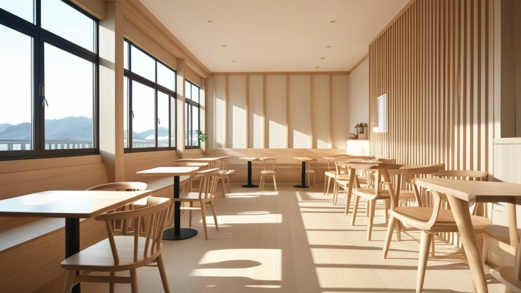 Interior kafe dengan elemen kayu custom